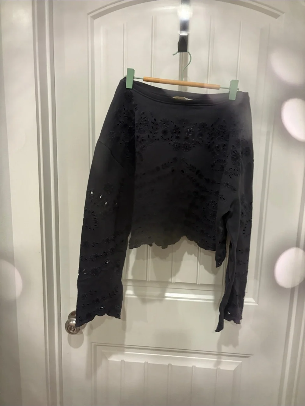 Free People Black Embellished Eyelet Cropped Sweatshirt
